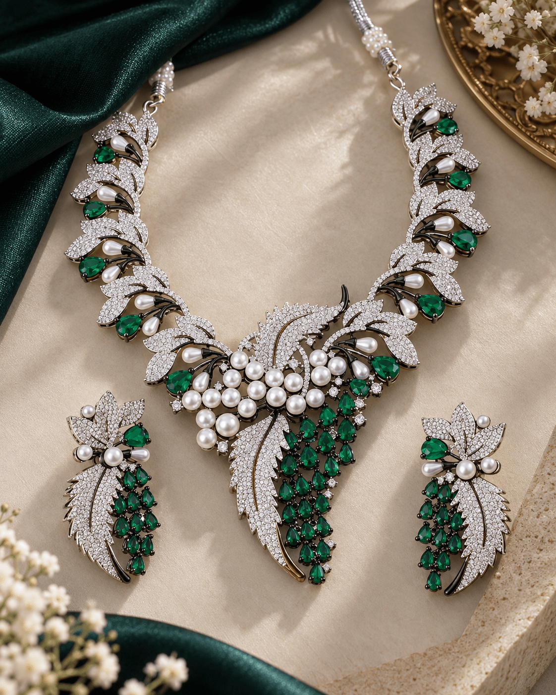 Emerald Pearl Botanical American Diamond Necklace Set - Maxiblink