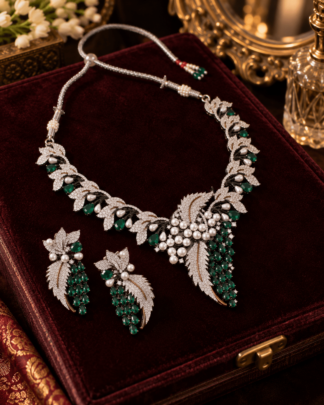 Emerald Pearl Botanical American Diamond Necklace Set - Maxiblink