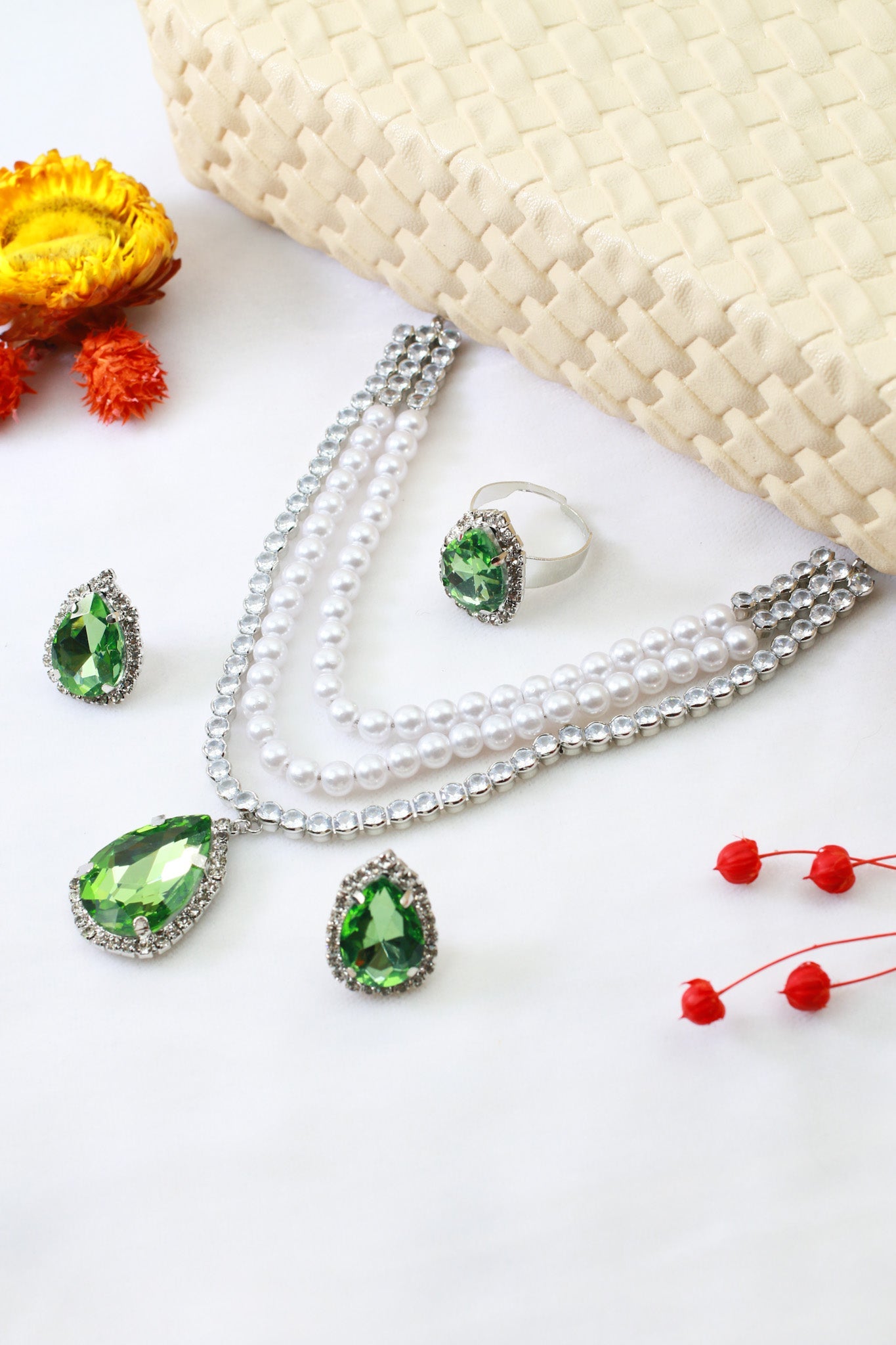 Emerald & Pearl Korean Glass Stone Necklace Set | Luxury Jewellery - Maxiblink