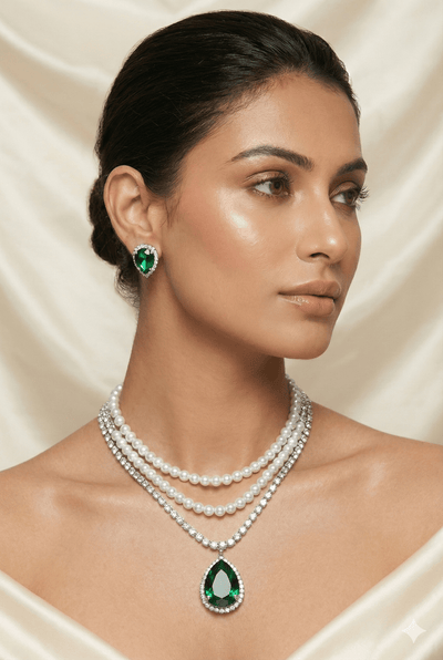 Emerald & Pearl Korean Glass Stone Necklace Set | Luxury Jewellery - Maxiblink