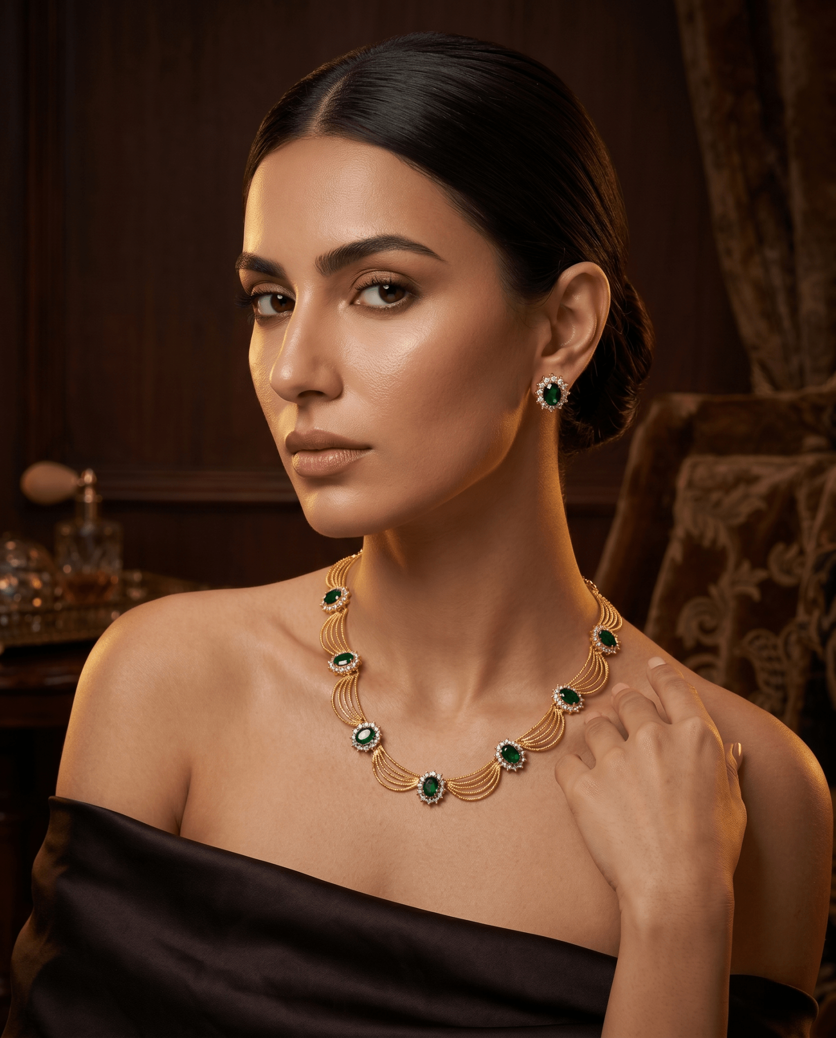 Emerald Royale Green Stone Fan Shape Necklace & Earring Set - Maxiblink