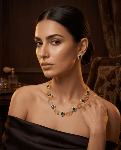 Emerald Royale Green Stone Fan Shape Necklace & Earring Set - Maxiblink