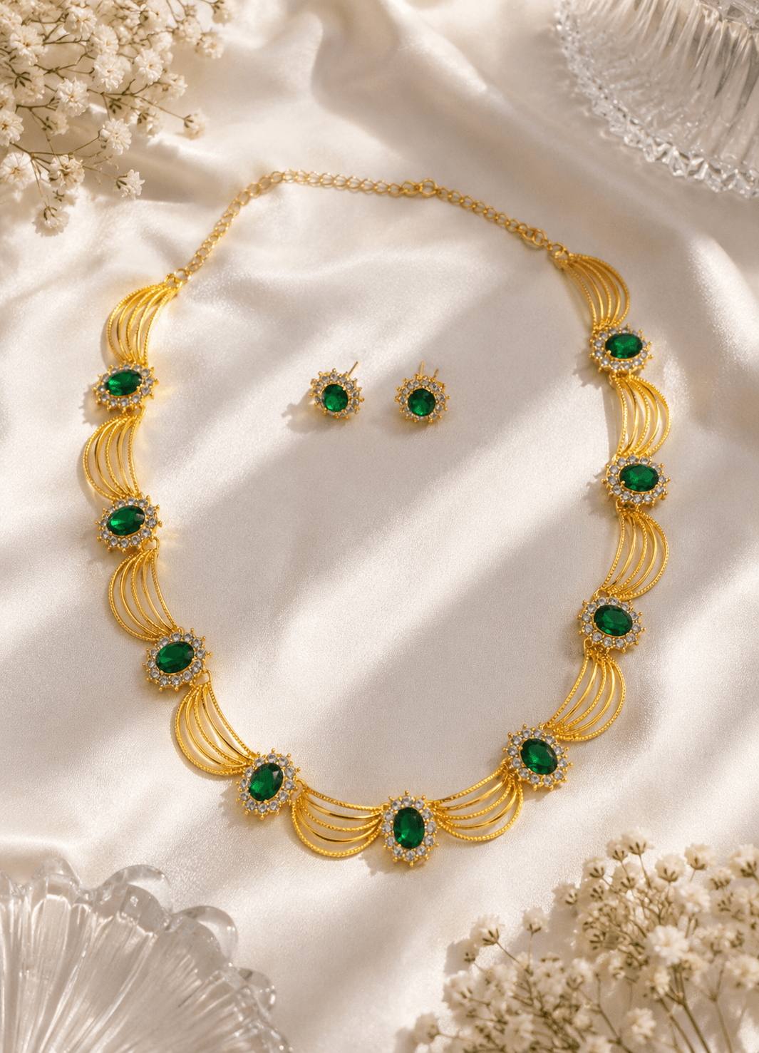 Emerald Royale Green Stone Fan Shape Necklace & Earring Set - Maxiblink