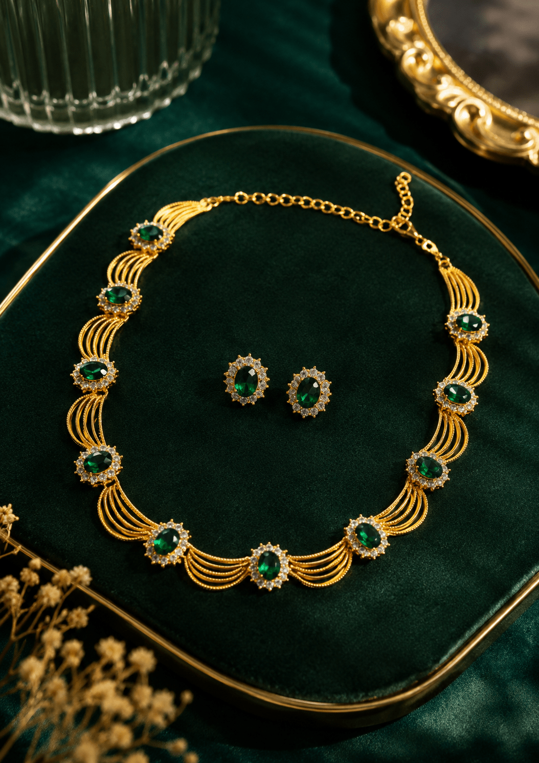 Emerald Royale Green Stone Fan Shape Necklace & Earring Set - Maxiblink