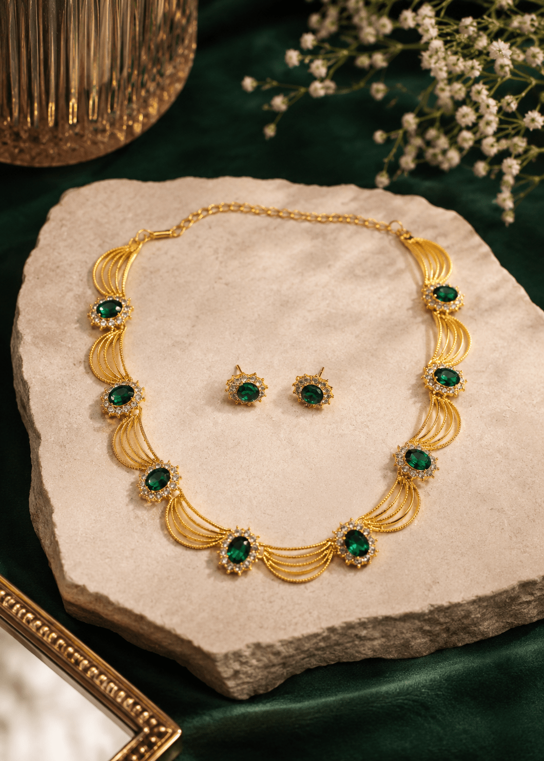 Emerald Royale Green Stone Fan Shape Necklace & Earring Set - Maxiblink