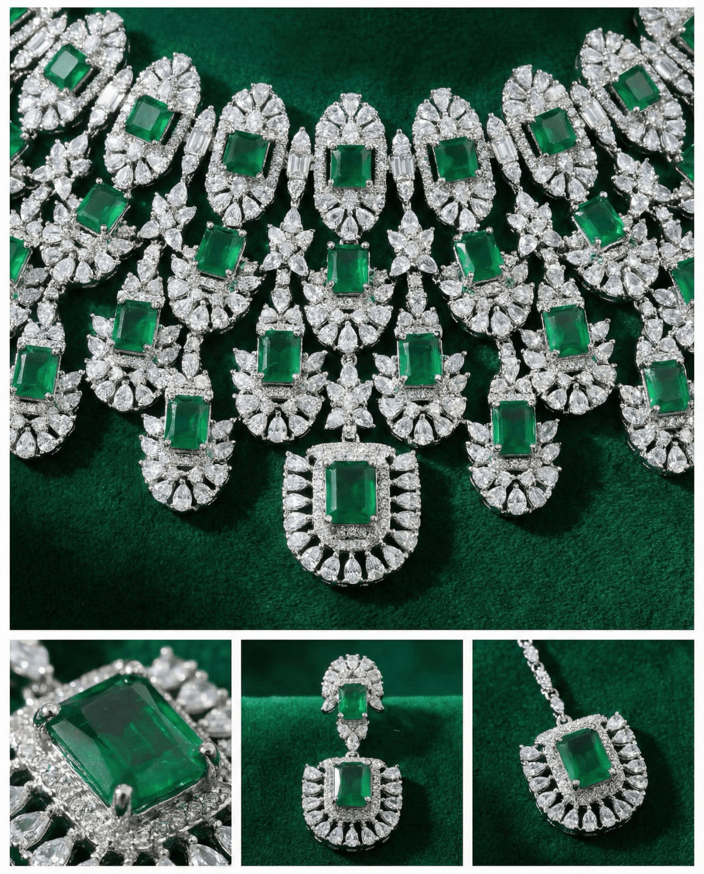 Emerald Square Cut Statement Necklace Set with Crystal Clusters | Royal Bridal Jewellery - Maxiblink