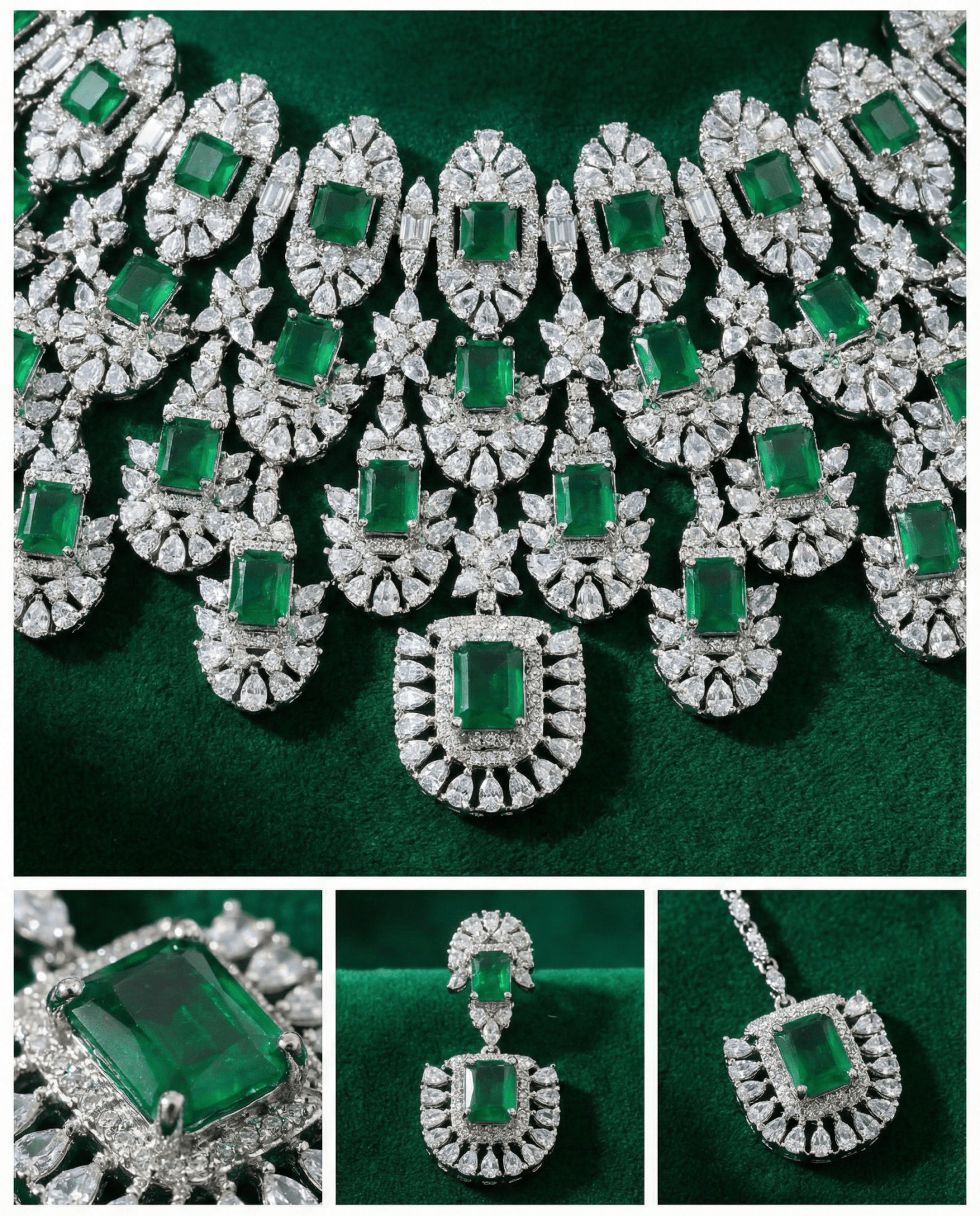 Emerald Square Cut Statement Necklace Set with Crystal Clusters | Royal Bridal Jewellery - Maxiblink