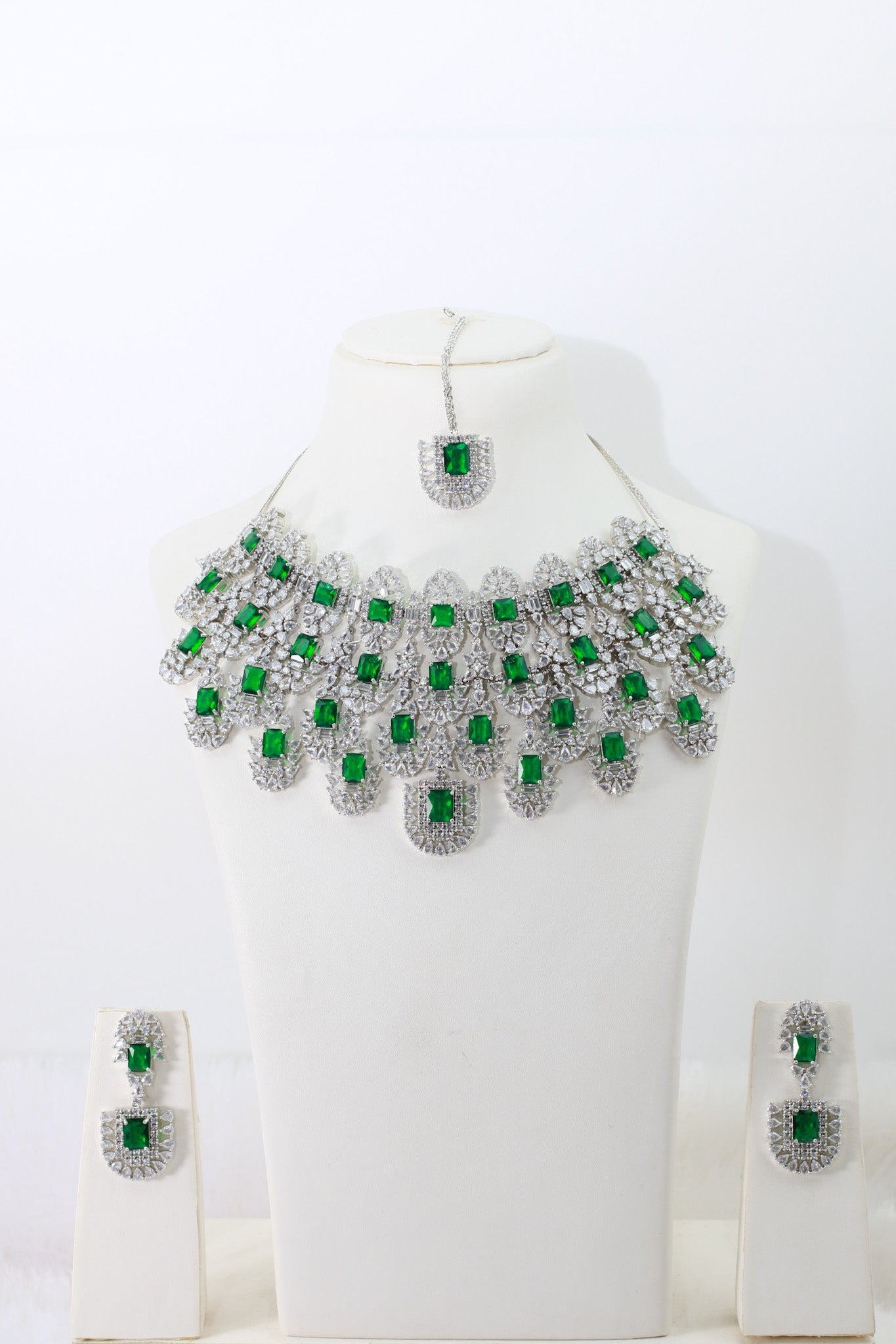 Emerald Square Cut Statement Necklace Set with Crystal Clusters | Royal Bridal Jewellery - Maxiblink