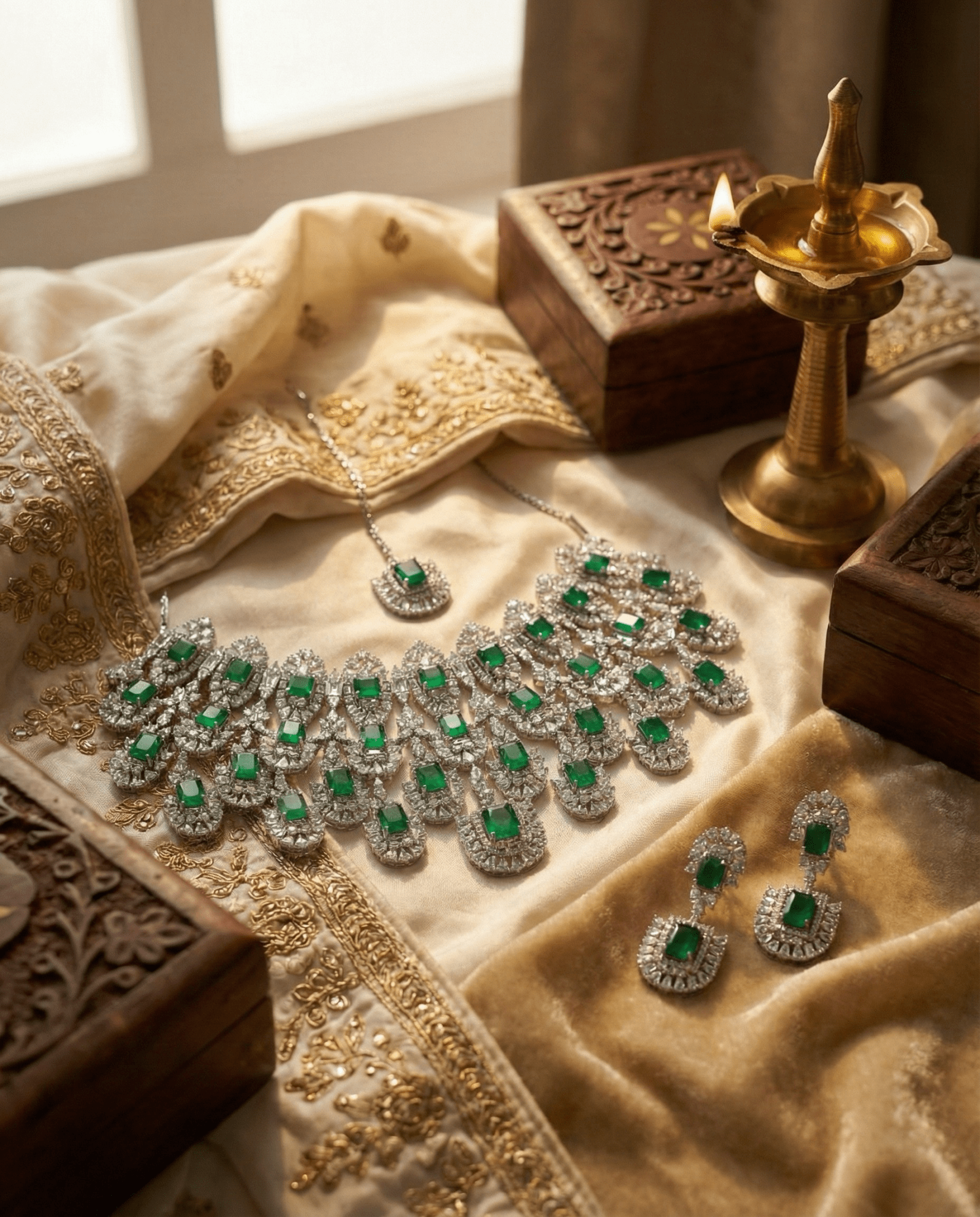 Emerald Square Cut Statement Necklace Set with Crystal Clusters | Royal Bridal Jewellery - Maxiblink