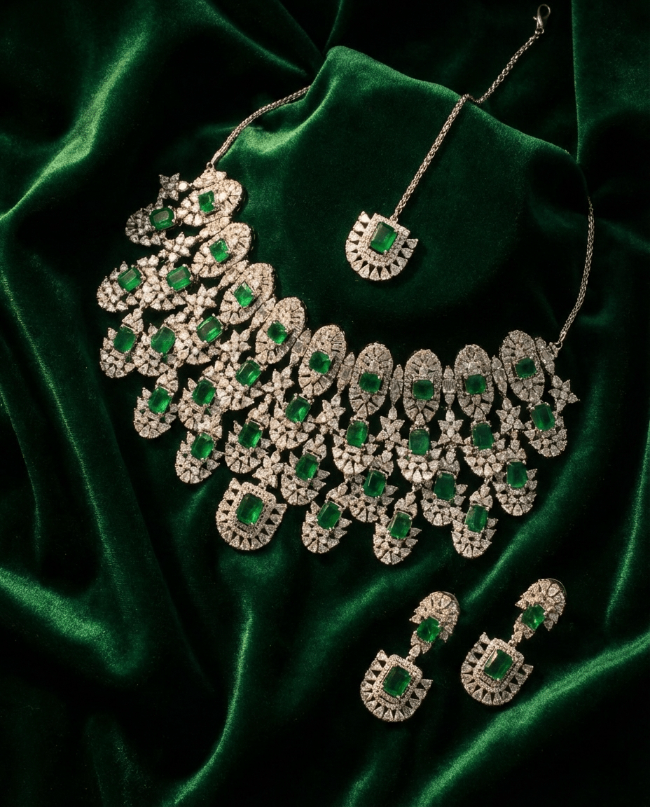 Emerald Square Cut Statement Necklace Set with Crystal Clusters | Royal Bridal Jewellery - Maxiblink