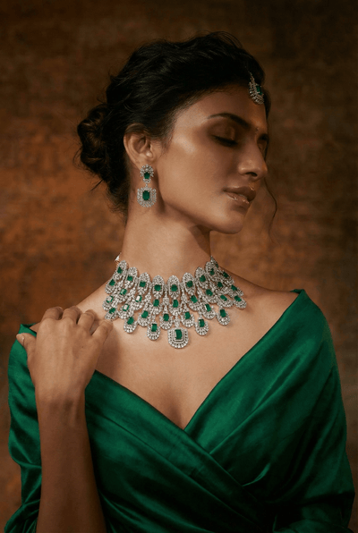 Emerald Square Cut Statement Necklace Set with Crystal Clusters | Royal Bridal Jewellery - Maxiblink