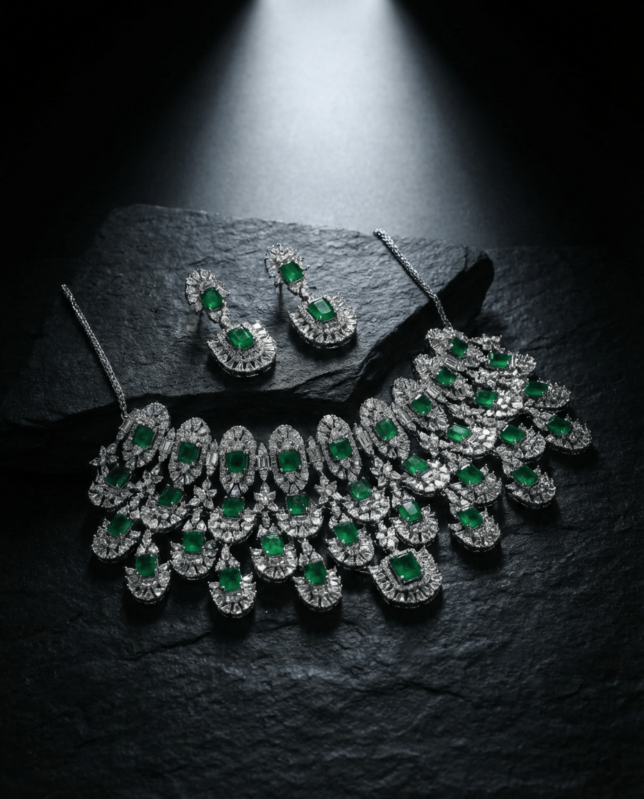 Emerald Square Cut Statement Necklace Set with Crystal Clusters | Royal Bridal Jewellery - Maxiblink