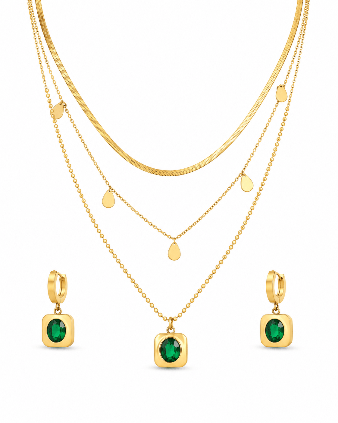 Emerald Square Pendant Layered Necklace & Earring Set