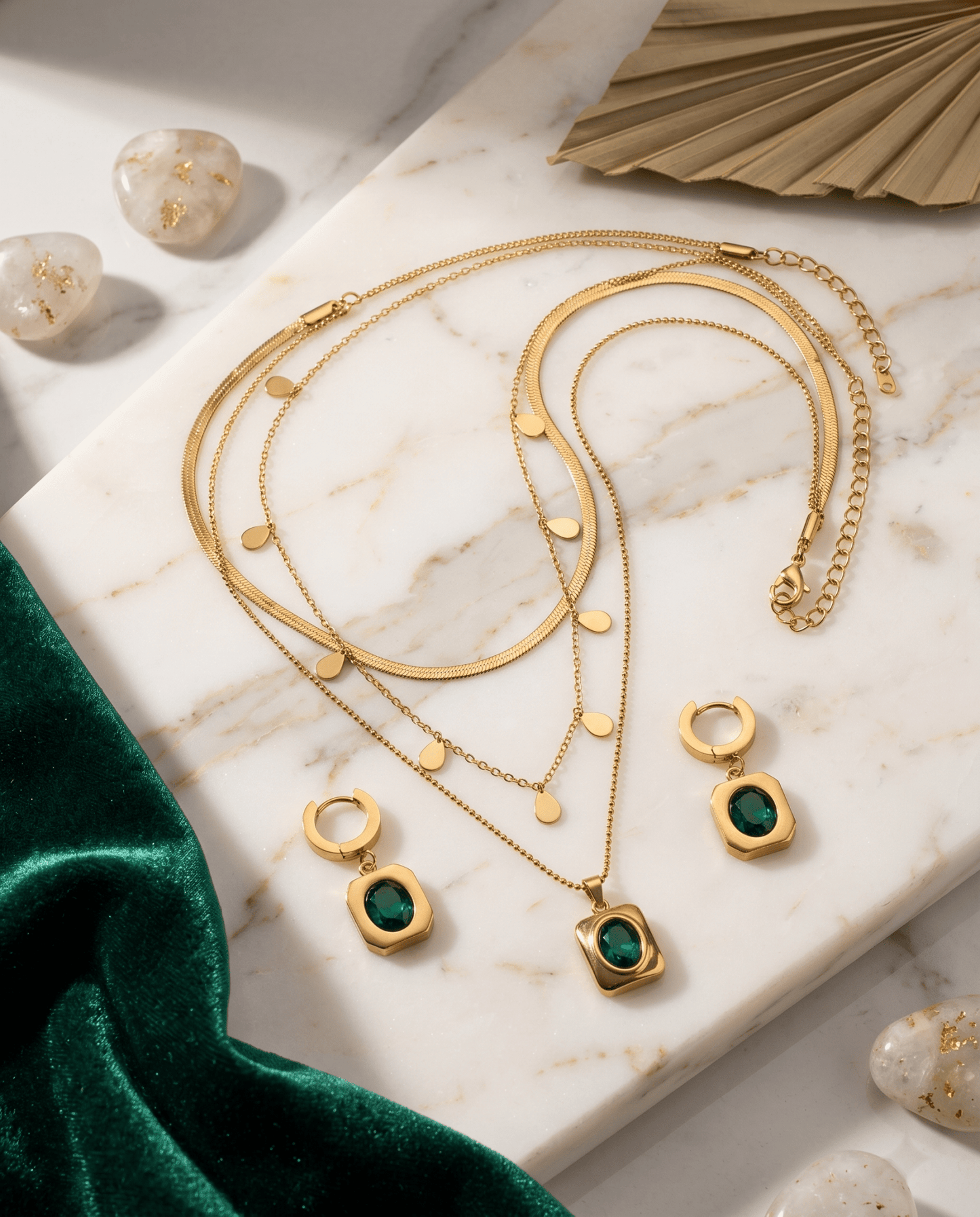 Emerald Square Pendant Layered Necklace & Earring Set