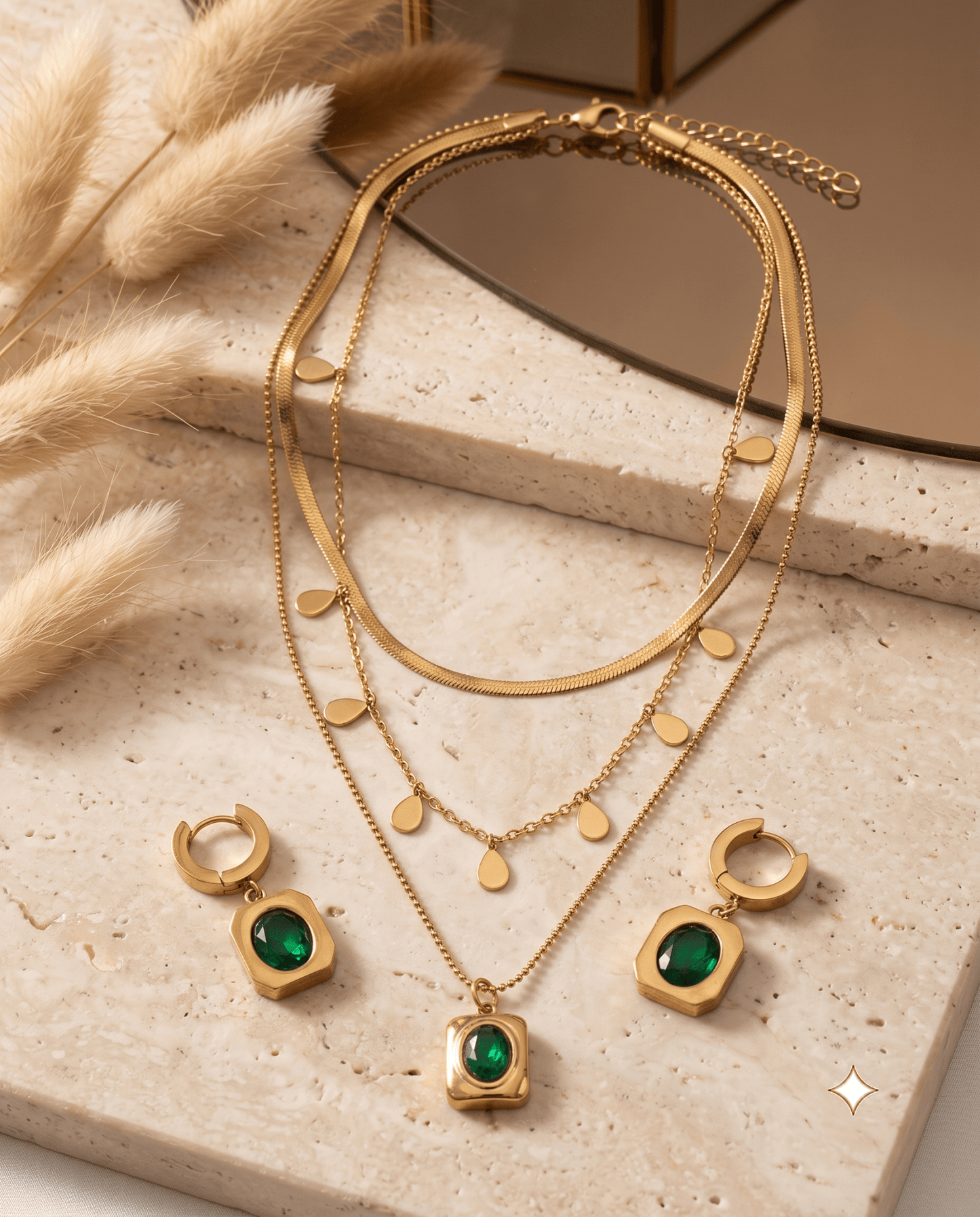Emerald Square Pendant Layered Necklace & Earring Set