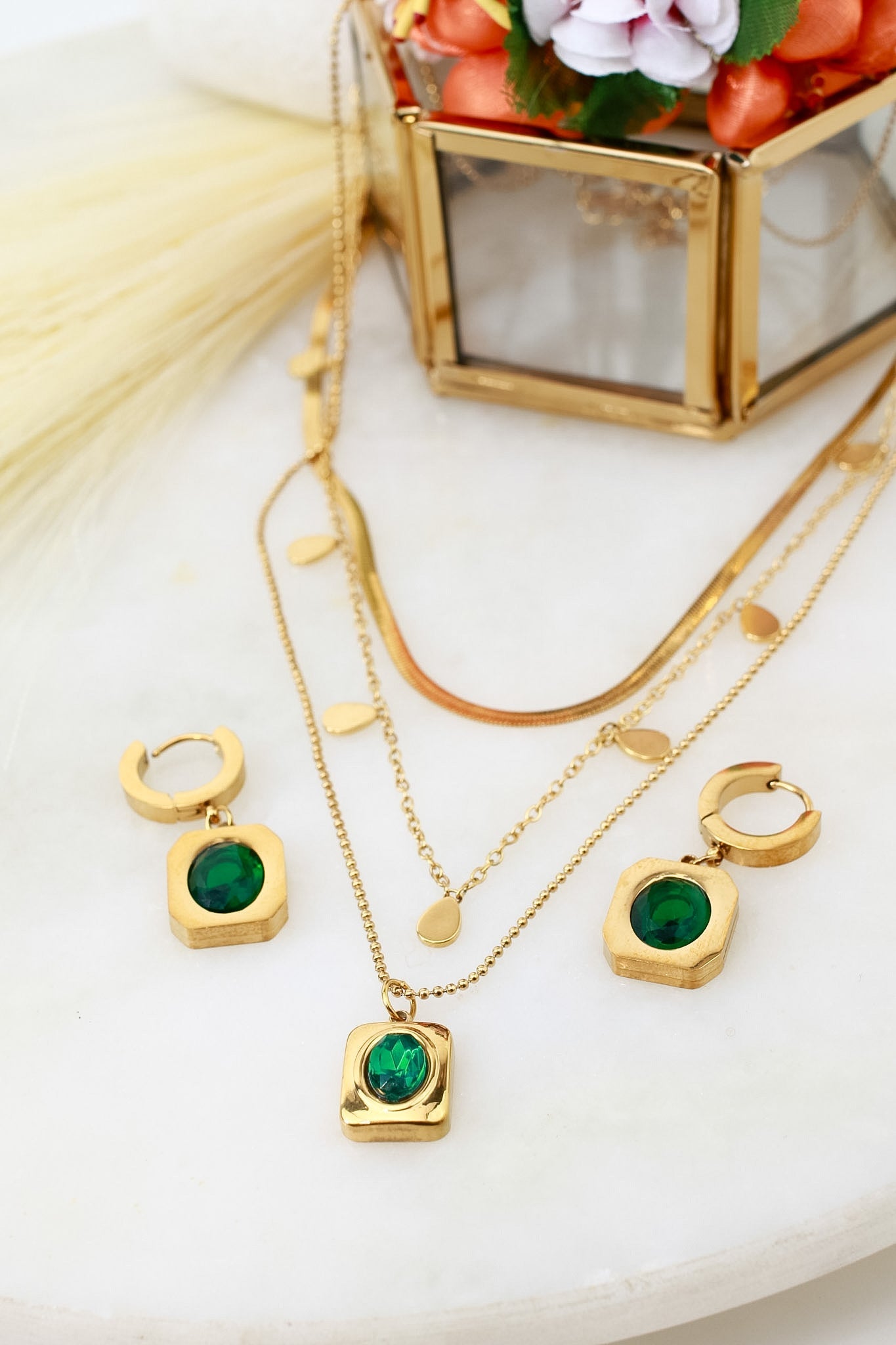 Emerald Square Pendant Layered Necklace & Earring Set