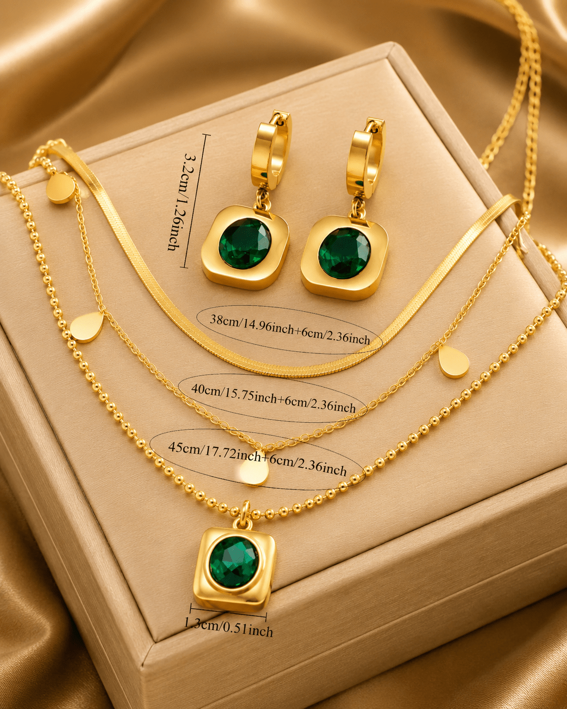 Emerald Square Pendant Layered Necklace & Earring Set
