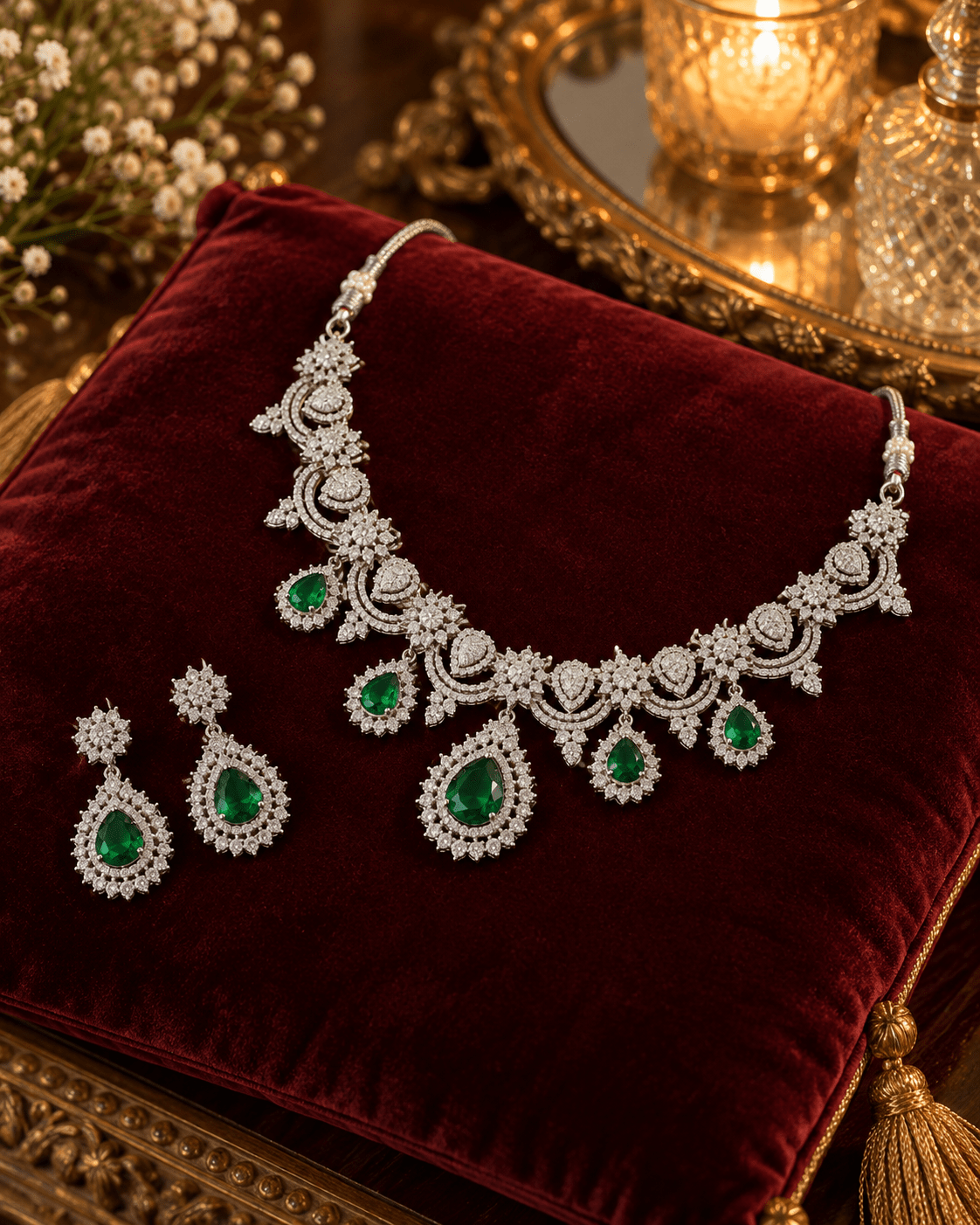 Emerald Sunburst Fringe Necklace Set - Maxiblink