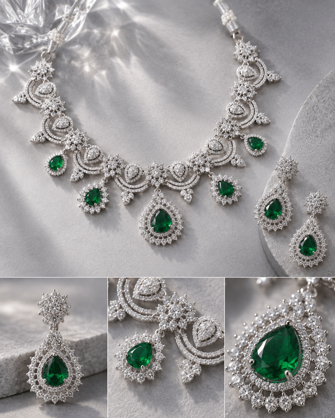 Emerald Sunburst Fringe Necklace Set - Maxiblink