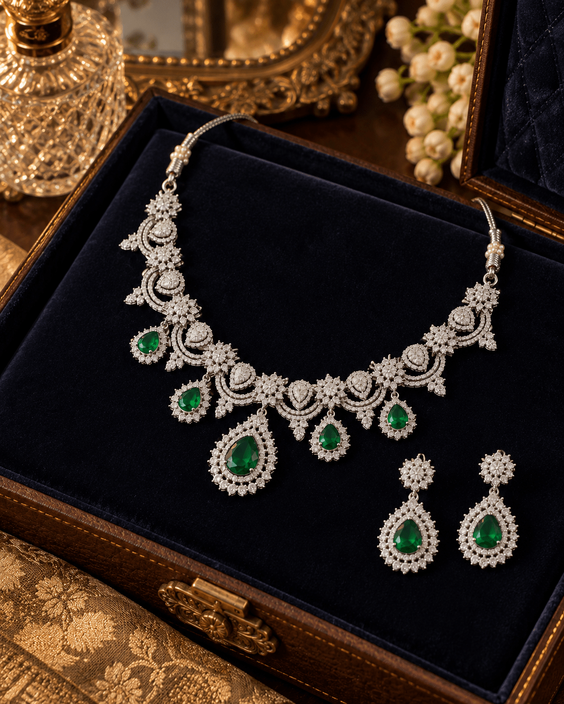 Emerald Sunburst Fringe Necklace Set - Maxiblink