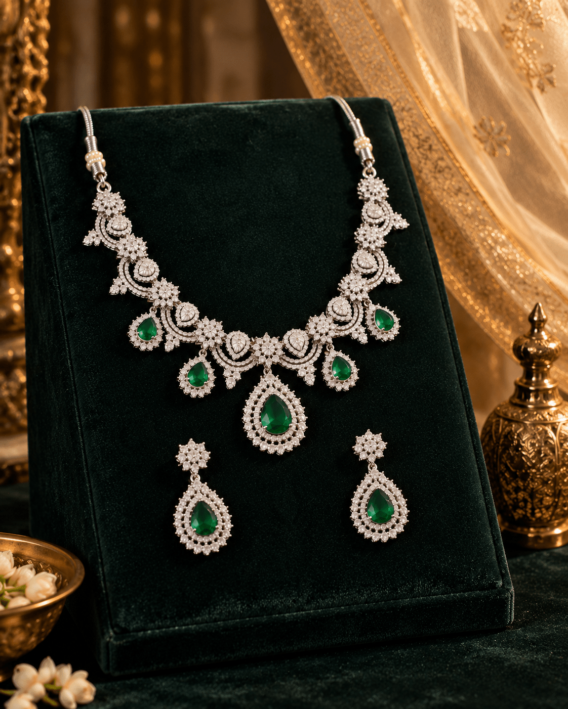 Emerald Sunburst Fringe Necklace Set - Maxiblink