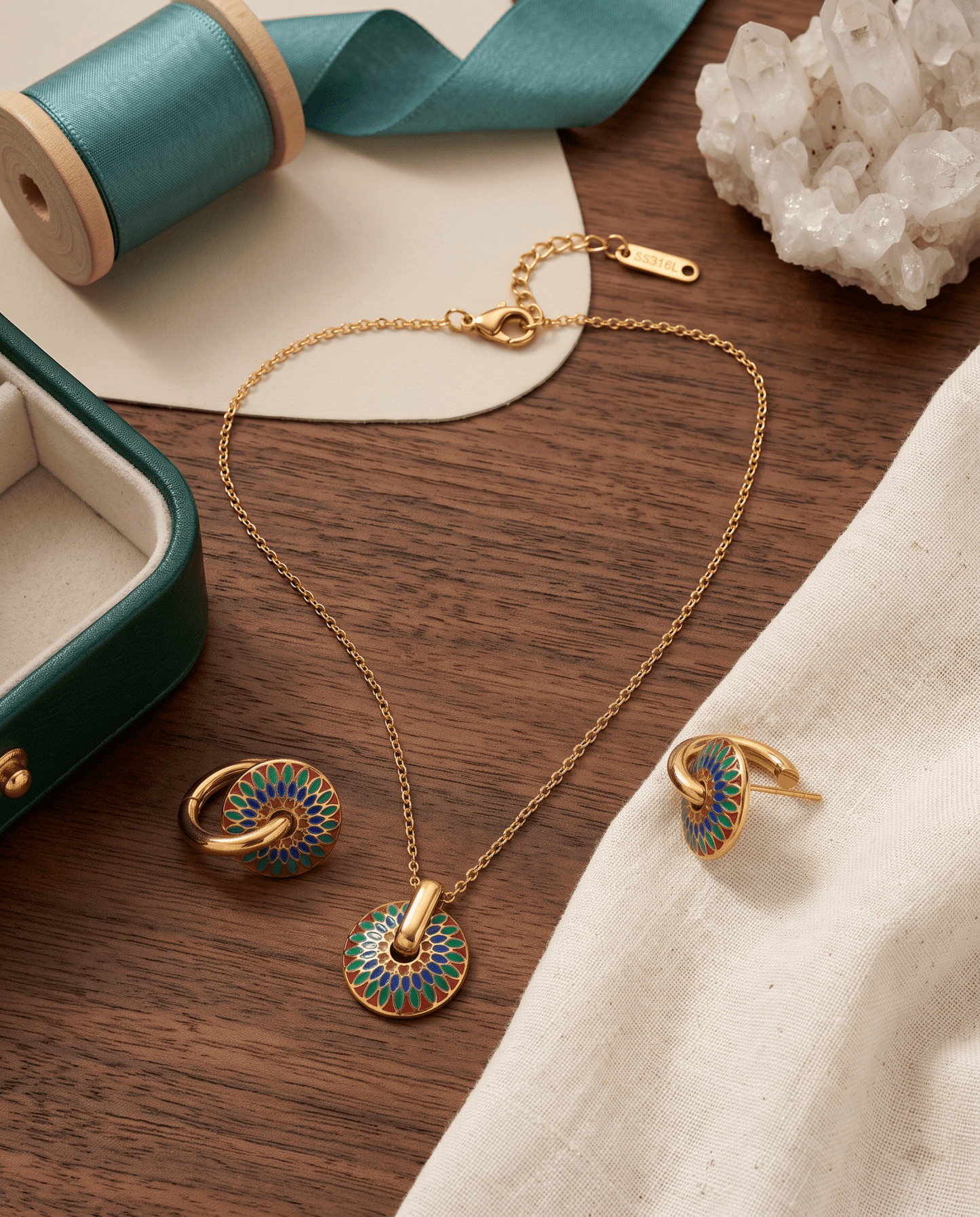 Enamel Flower Medallion Necklace & Hoop Earrings Set - Maxiblink