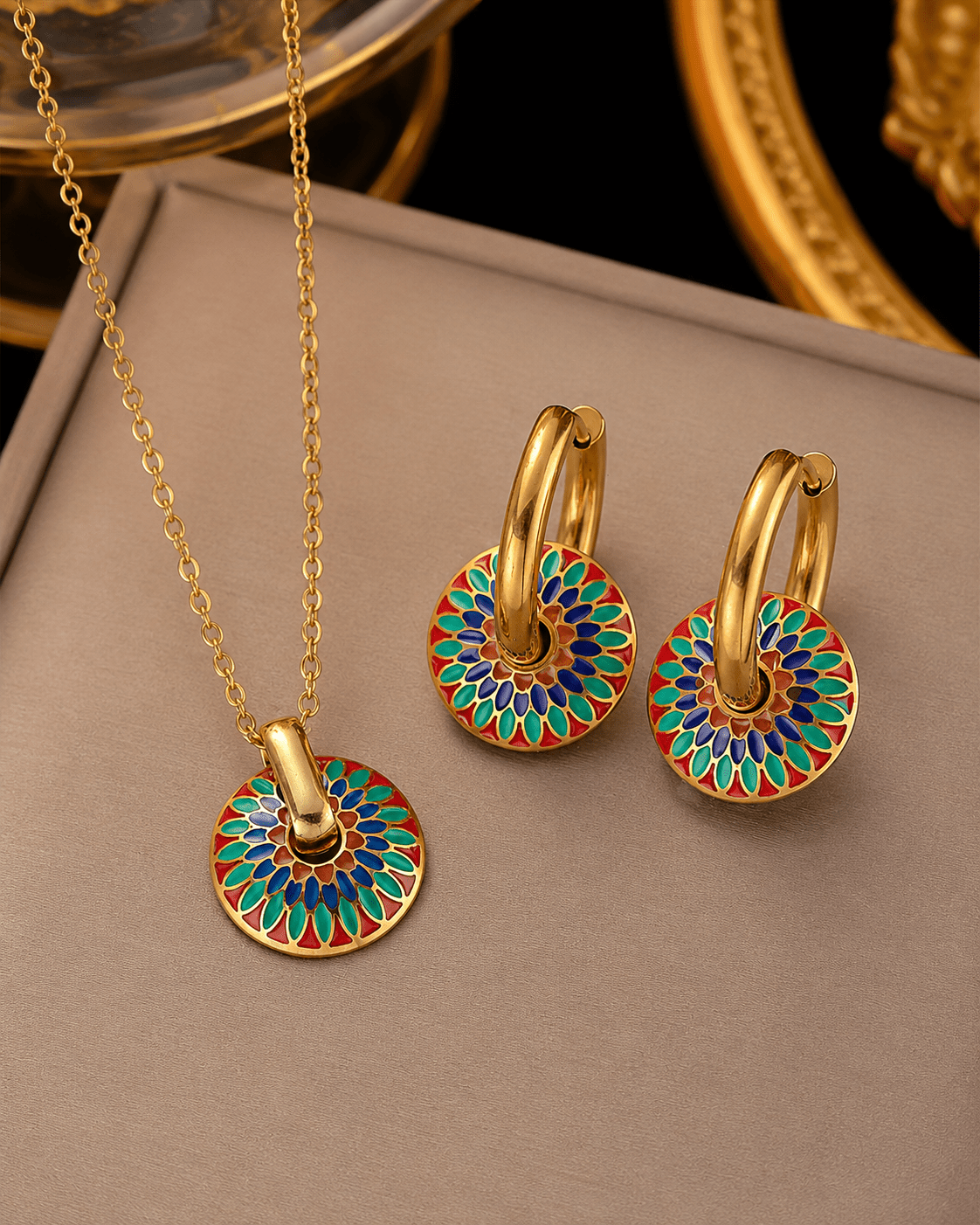 Enamel Flower Medallion Necklace & Hoop Earrings Set - Maxiblink