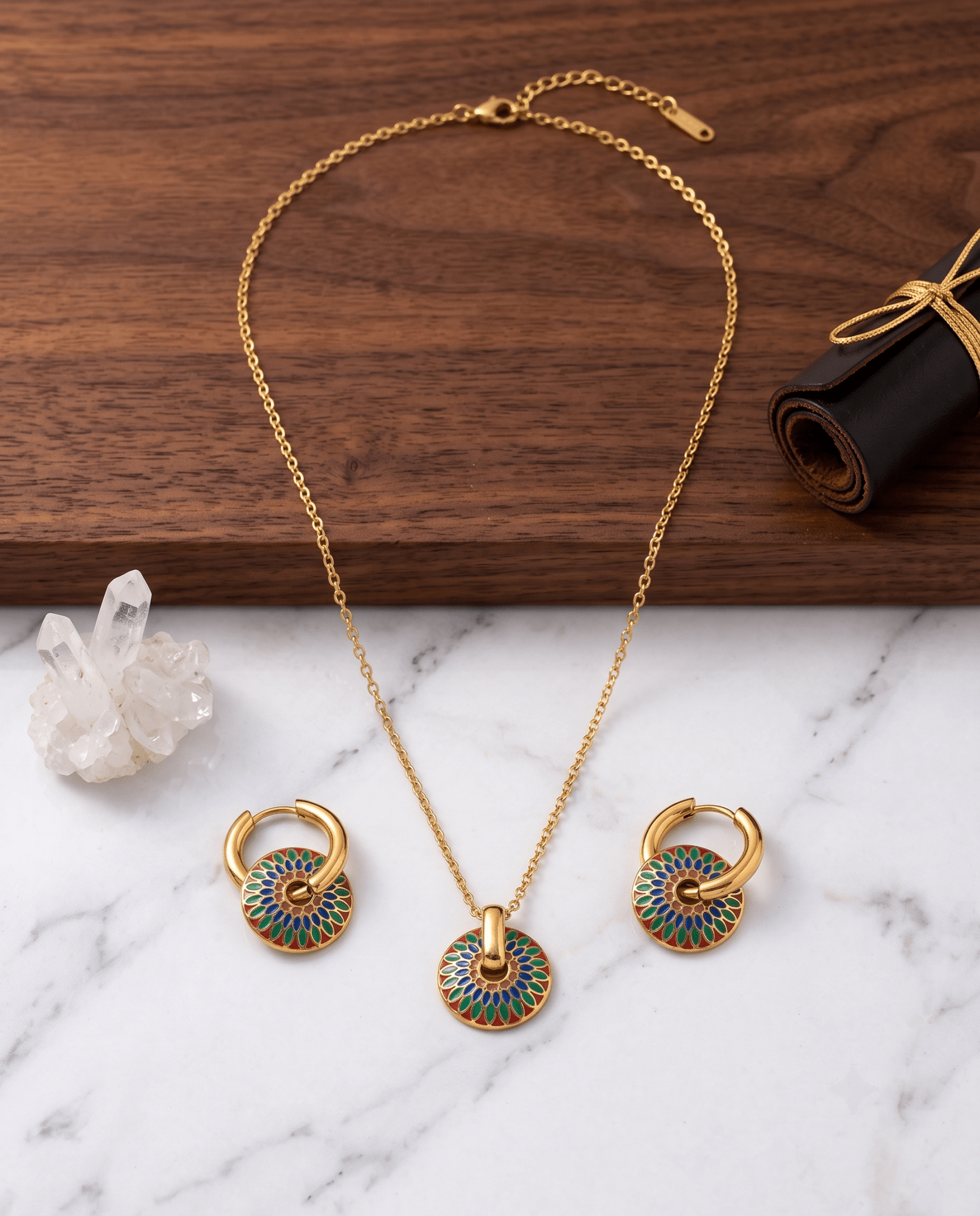 Enamel Flower Medallion Necklace & Hoop Earrings Set - Maxiblink