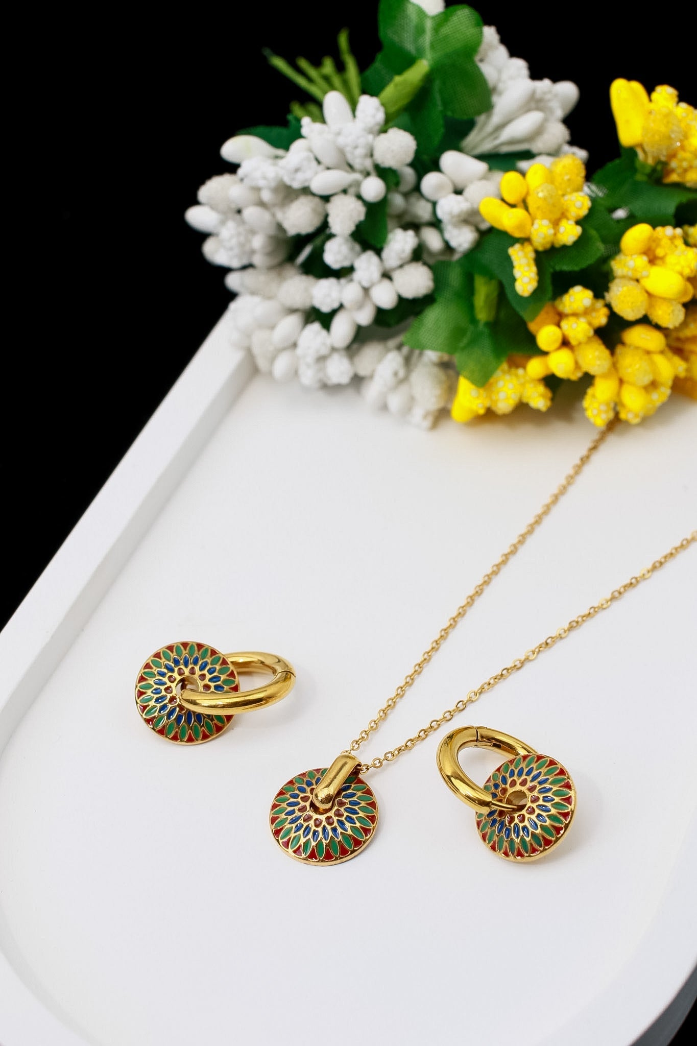 Enamel Flower Medallion Necklace & Hoop Earrings Set - Maxiblink