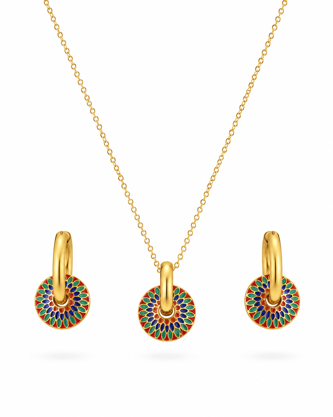 Enamel Flower Medallion Necklace & Hoop Earrings Set - Maxiblink