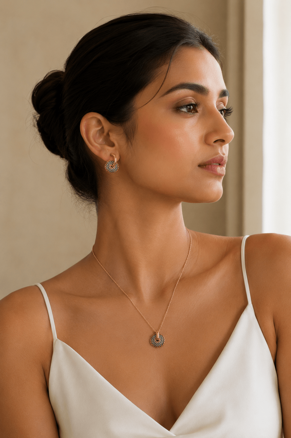 Enamel Flower Medallion Necklace & Hoop Earrings Set - Maxiblink