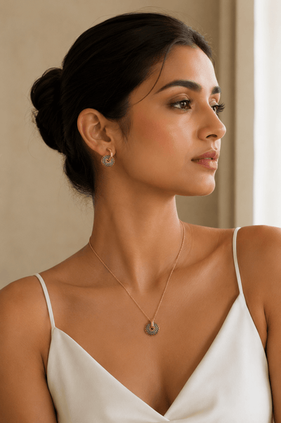 Enamel Flower Medallion Necklace & Hoop Earrings Set - Maxiblink