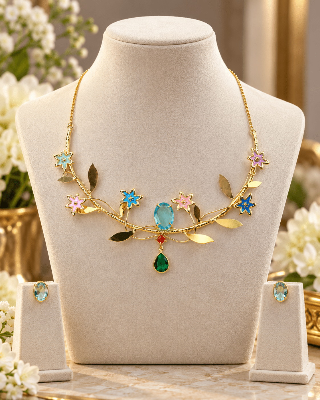 Enamel Flower Vine Natural Stone Necklace Set - Maxiblink