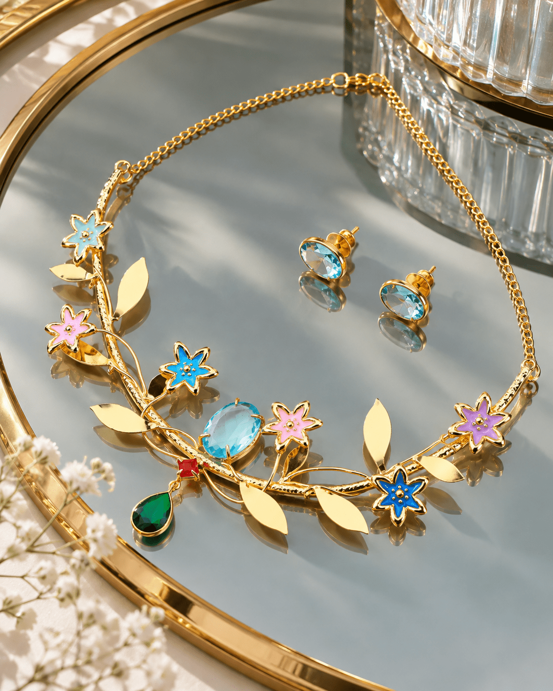 Enamel Flower Vine Natural Stone Necklace Set - Maxiblink