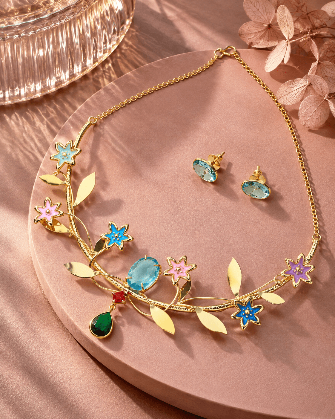 Enamel Flower Vine Natural Stone Necklace Set - Maxiblink