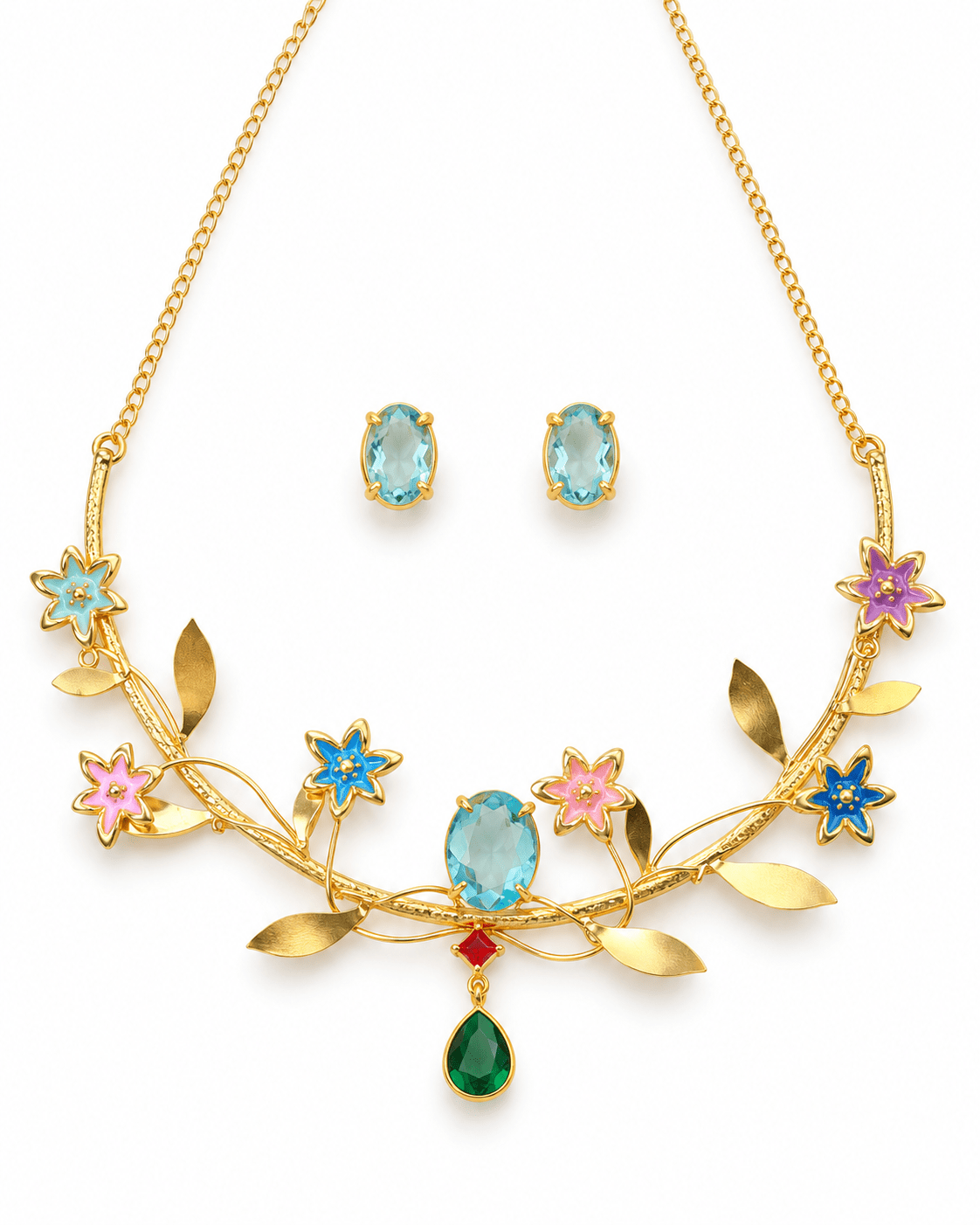 Enamel Flower Vine Natural Stone Necklace Set - Maxiblink