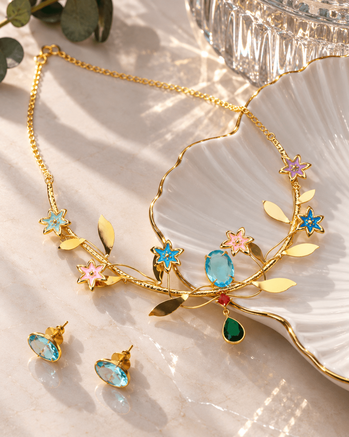 Enamel Flower Vine Natural Stone Necklace Set - Maxiblink
