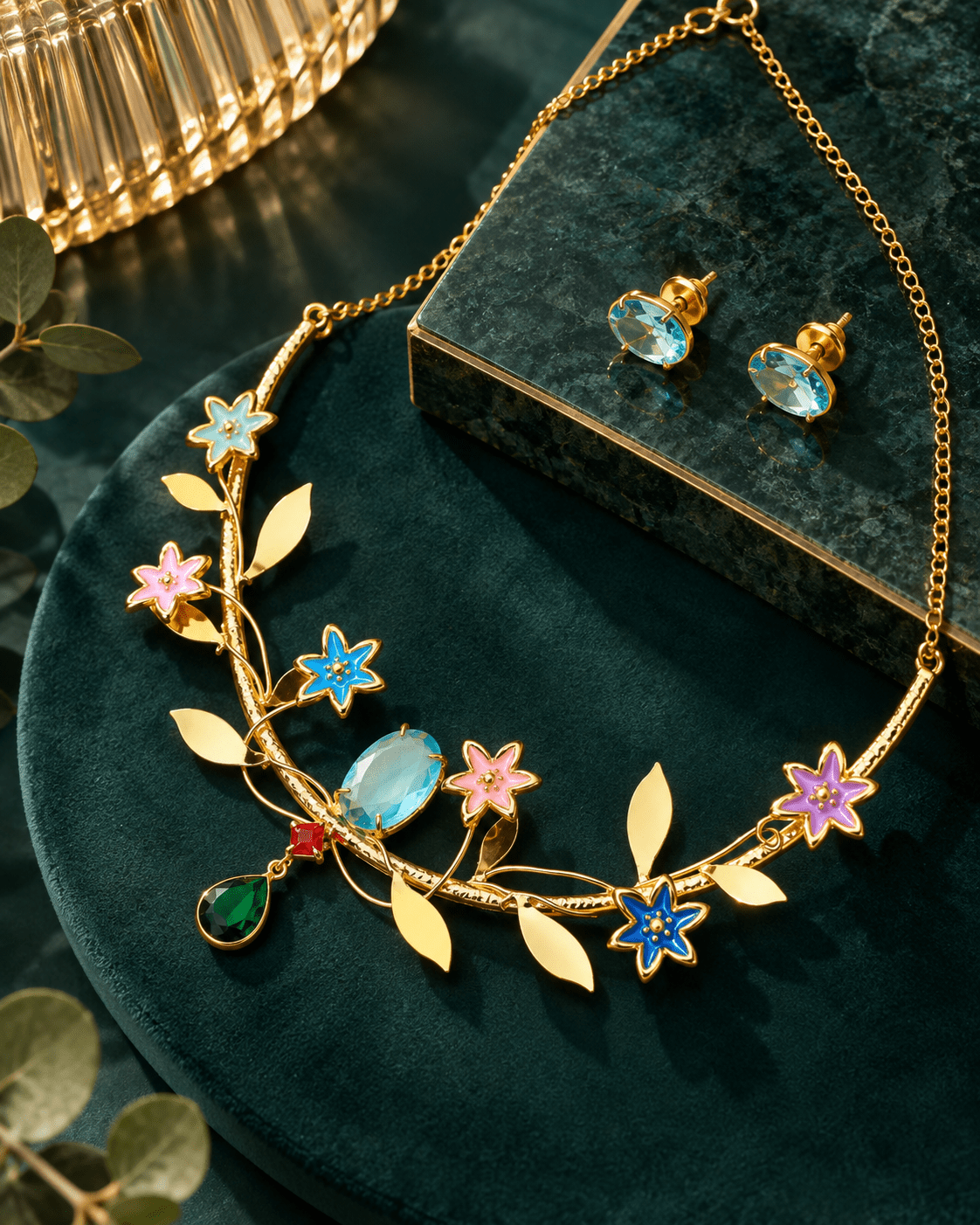Enamel Flower Vine Natural Stone Necklace Set - Maxiblink