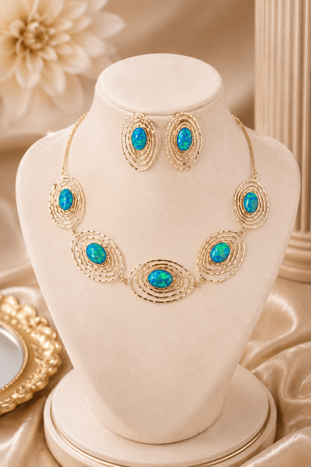 Evil Eye Blue Opal Gold Spiral Necklace & Earring Set - Maxiblink