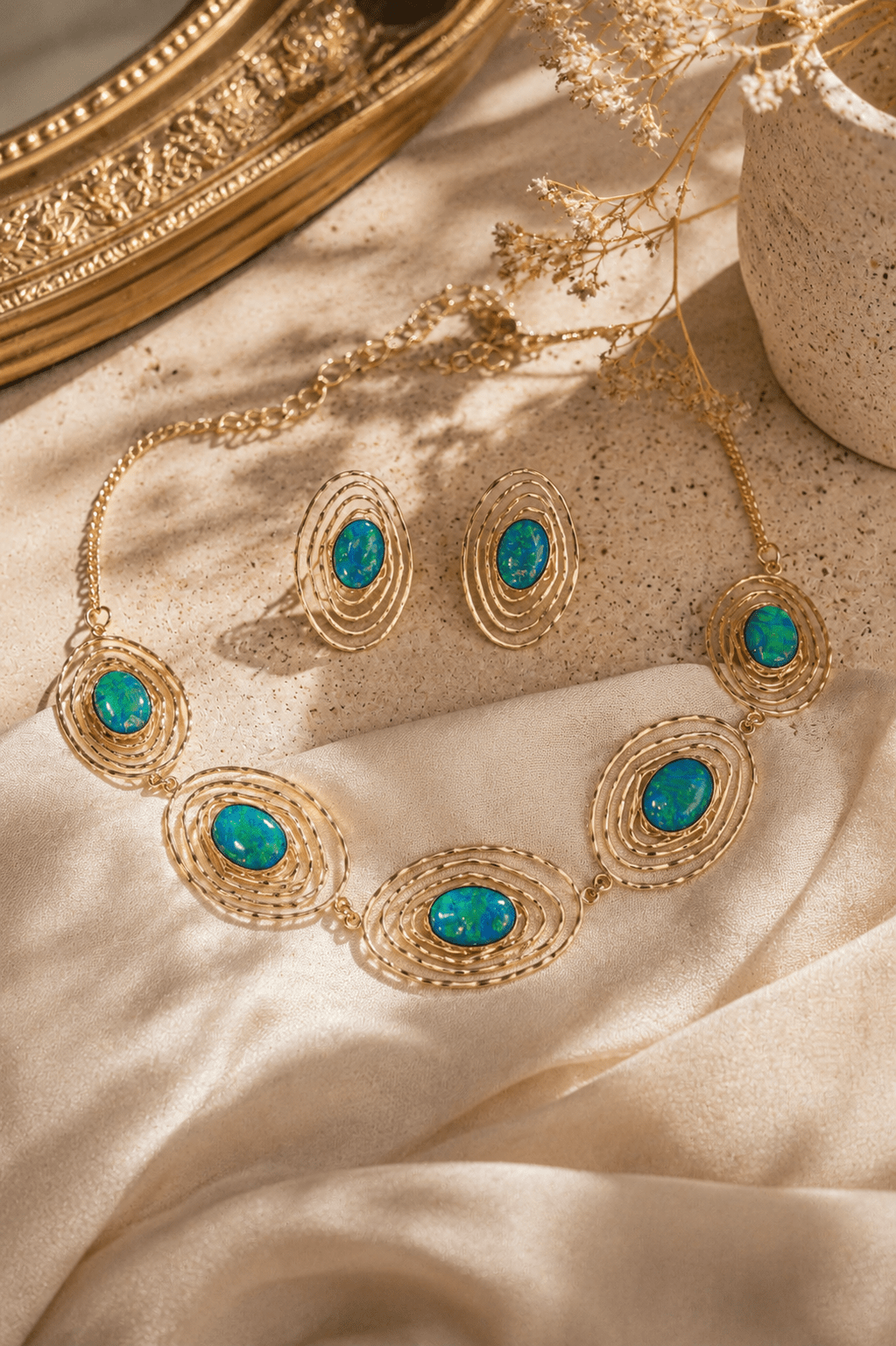 Evil Eye Blue Opal Gold Spiral Necklace & Earring Set - Maxiblink
