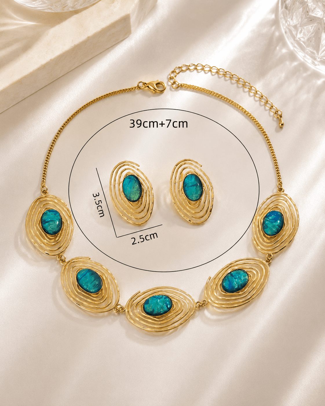 Evil Eye Blue Opal Gold Spiral Necklace & Earring Set - Maxiblink