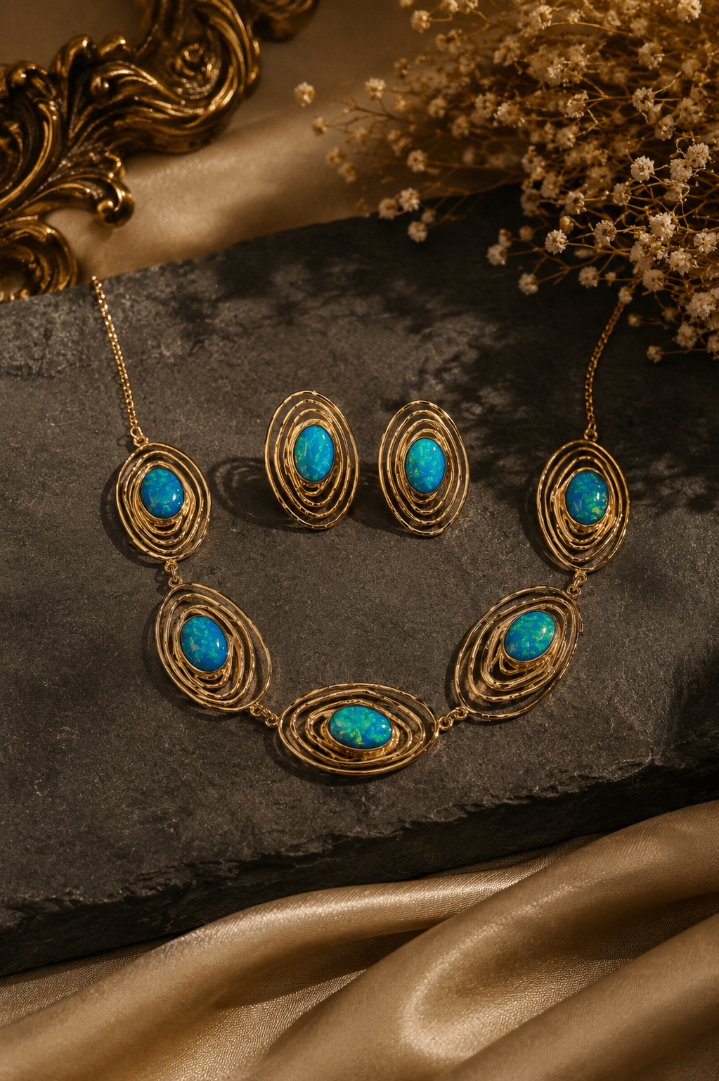 Evil Eye Blue Opal Gold Spiral Necklace & Earring Set - Maxiblink