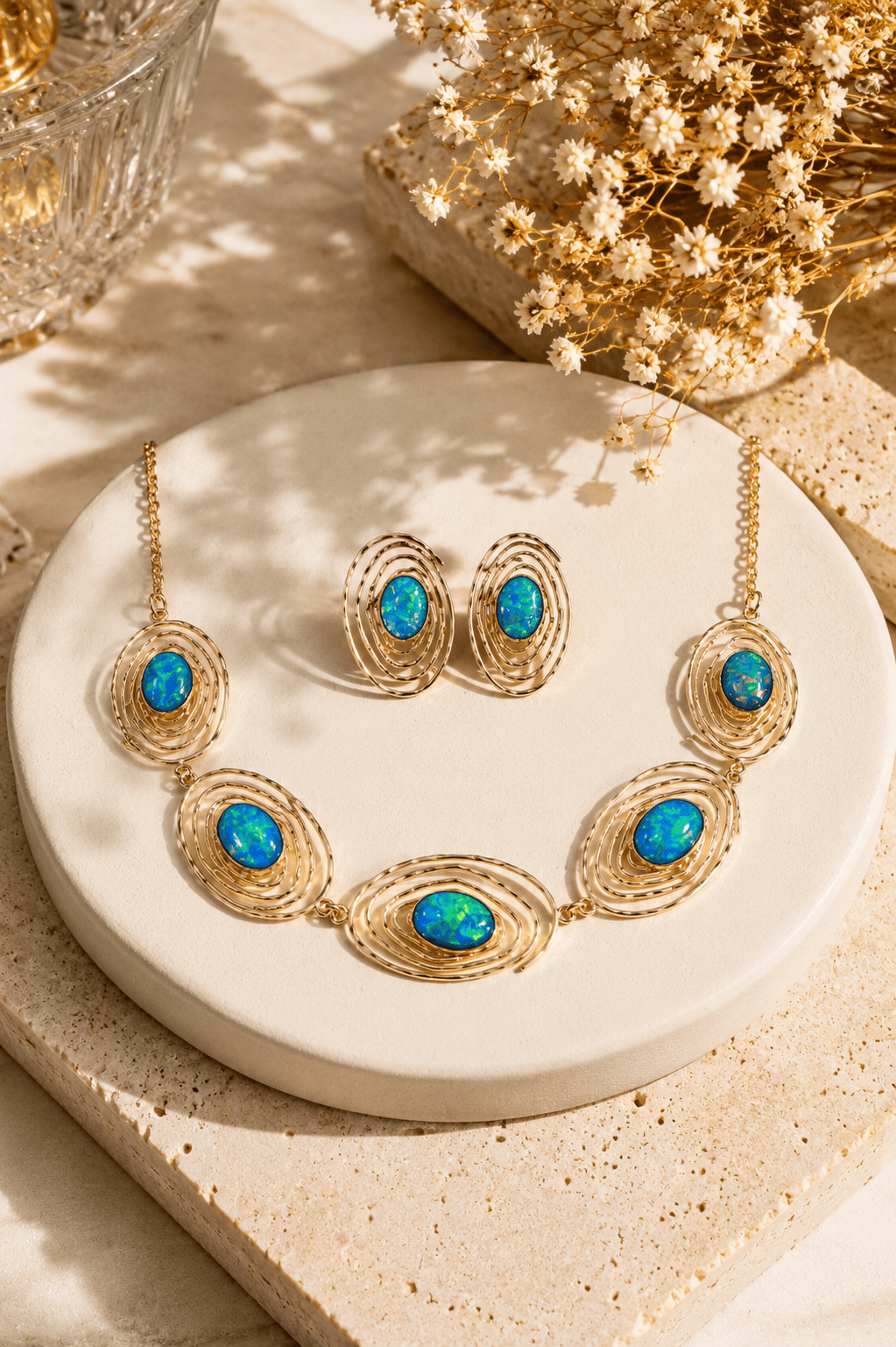 Evil Eye Blue Opal Gold Spiral Necklace & Earring Set - Maxiblink