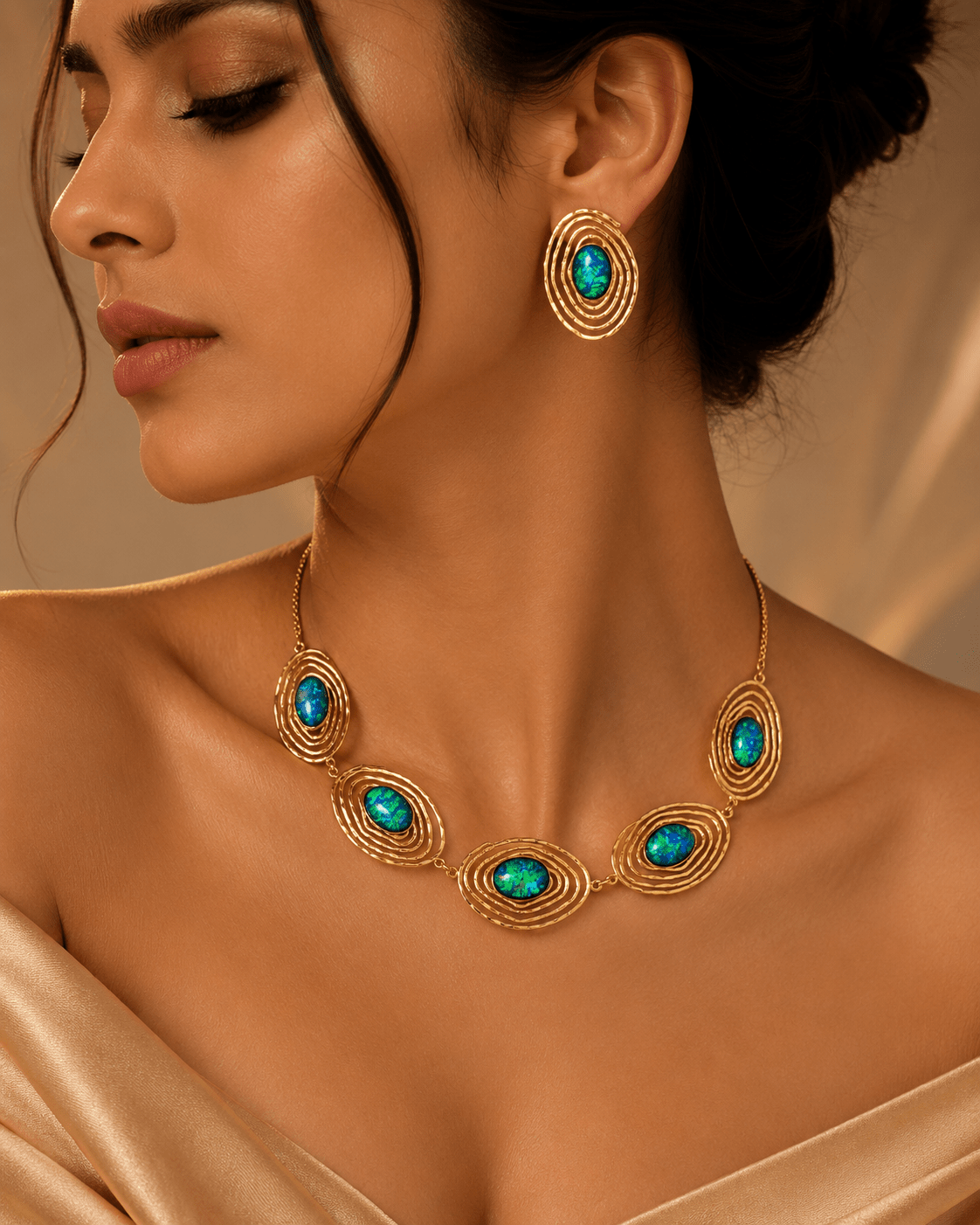 Evil Eye Blue Opal Gold Spiral Necklace & Earring Set - Maxiblink