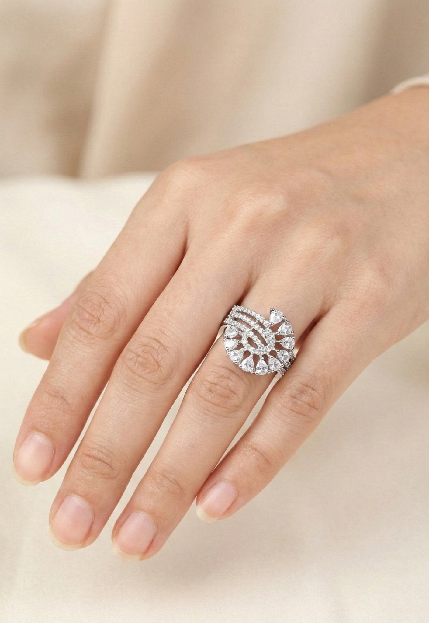 Fan - Shaped CZ Cocktail Ring - Maxiblink