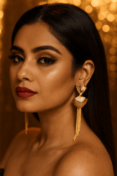 Fan - Shaped Long Tassel Earrings – Gold Anti - Tarnish Statement Jewelry - Maxiblink