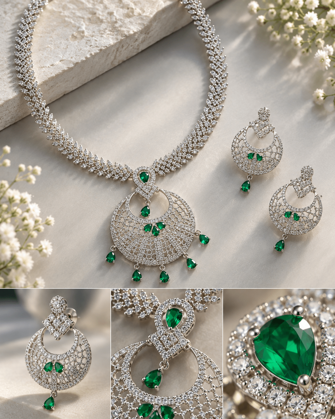 Fern Drape Emerald Rani Haar Necklace Set - Maxiblink