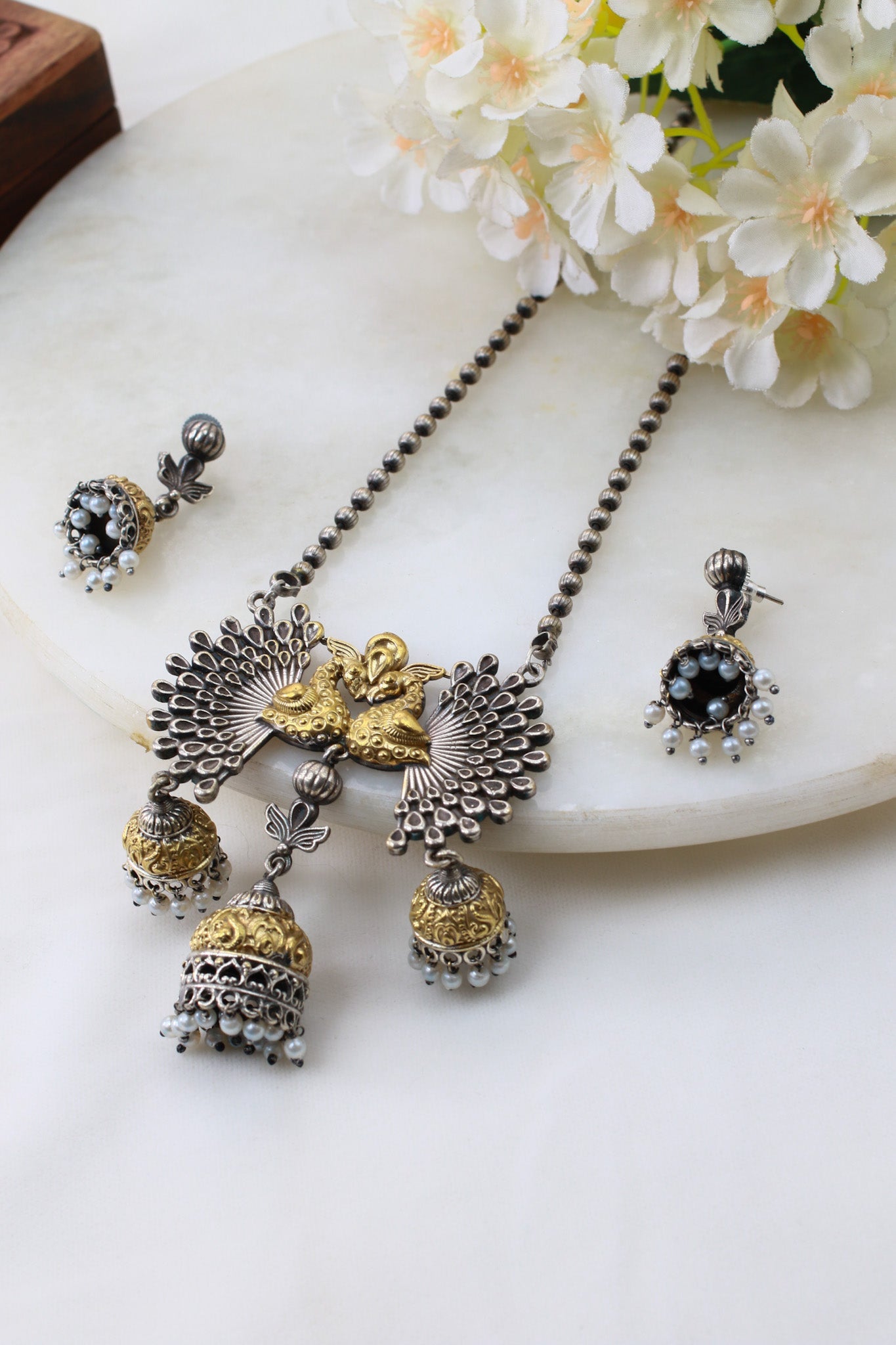 Festive Gold - Silver Peacock Jhumka Necklace - Maxiblink