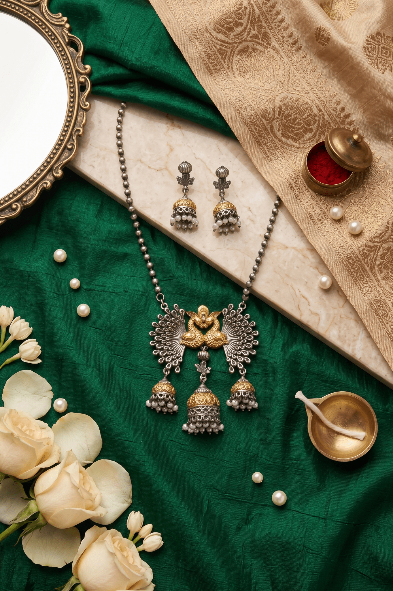 Festive Gold - Silver Peacock Jhumka Necklace - Maxiblink