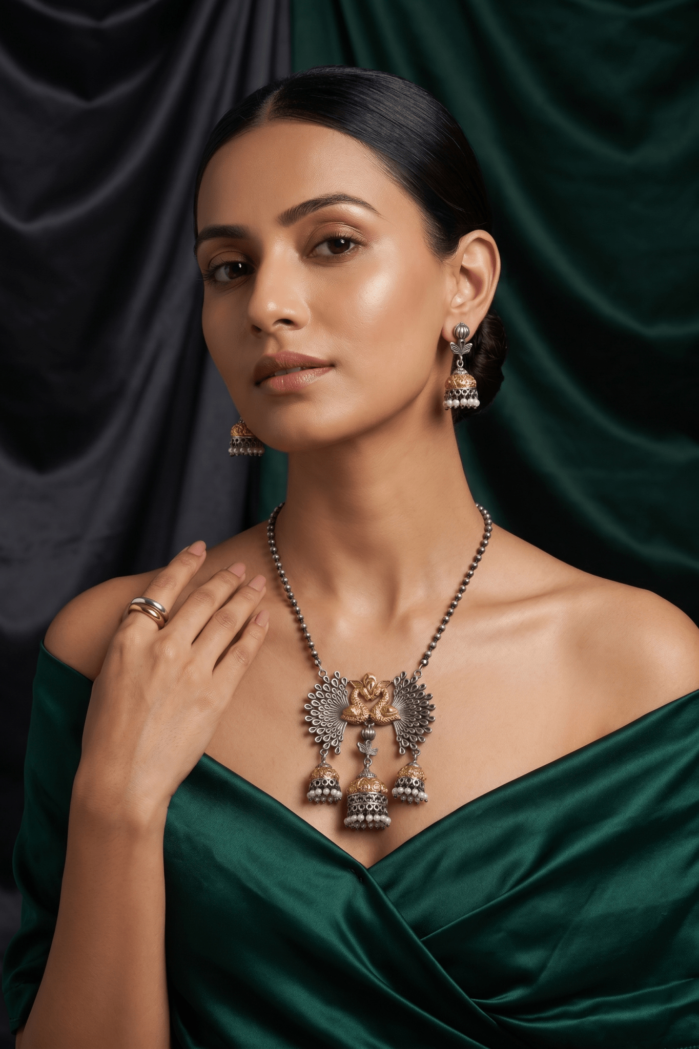Festive Gold - Silver Peacock Jhumka Necklace - Maxiblink
